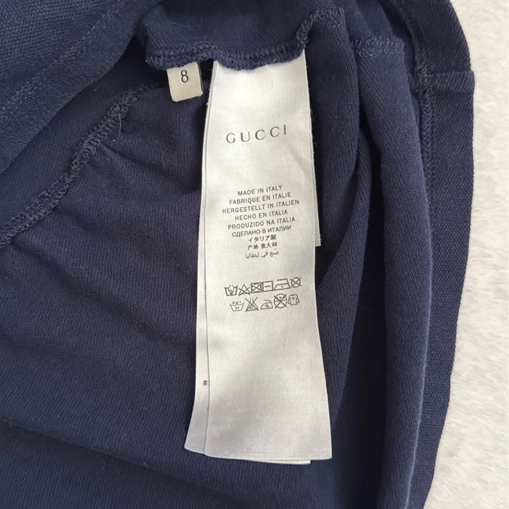 Gucci | Heart Patch Stripe Knit Collar Short Sleeve Pique Polo Dress Navy Blue 8 - Picture 9 of 16